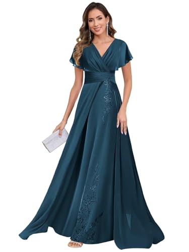 JIIL Brautmutterkleider Für Hochzeit,Damen Brautmutterkleider Lang Elegant Spitzenapplikation Chiffon Abendkleider Mutter Der Braut Kleid Pfau 44 von JIIL