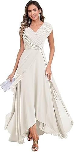 JIIL Brautmutterkleider Für Hochzeit,Damen Chiffon Brautmutterkleider Lang V-Ausschnitt Ärmelloses Glitzer Abendkleider A-Linie Festliche Kleider Elfenbein 50 von JIIL