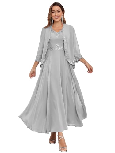 JIIL Brautmutterkleider Für Hochzeit,Damen Lang Brautmutterkleider Jacke Zweiteilig Hochzeit Elegant Abendkleider Spitzen Chiffon Pailletten Kleid Mauve 50 von JIIL