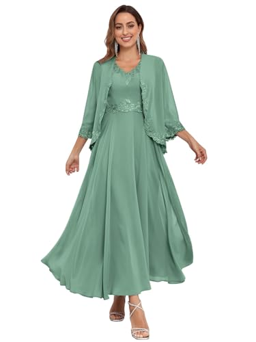 JIIL Brautmutterkleider Für Hochzeit Chiffon,Damen Lang Brautmutterkleider Jacke Zweiteilig Hochzeit Elegant Abendkleider Spitzen Chiffon Pailletten Kleid Pastellgrün 52 von JIIL