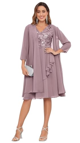 JIIL Brautmutterkleider Für Hochzeit Midi,Damen Brautmutterkleider Knielang Mit Jacke Zweiteilig Hochzeit Lang Abendkleider Spitze Chiffon Festliche Damenkleider Mauve 40 von JIIL