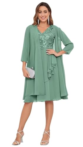 JIIL Brautmutterkleider Für Hochzeit Midi,Damen Brautmutterkleider Knielang Mit Jacke Zweiteilig Hochzeit Lang Abendkleider Spitze Chiffon Festliche Damenkleider Pastellgrün 50 von JIIL