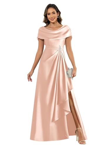 JIIL Brautmutterkleider Für Hochzeit Satin,Damen Satin Brautmutterkleider Lang Hochzeit Elegant Cape Sleeve Mutter Der Braut Kleid Formelles Partykleid Mit Schlitz Roségold 40 von JIIL
