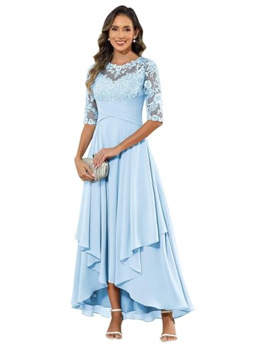 JIIL Brautmutterkleider Große Größen,Damen Abendkleid Lang - Elegant Spitzen Brautmutterkleid Chiffon Formales Kleider Halbärmel Festliche Für Hochzeit Hellblau 36 von JIIL