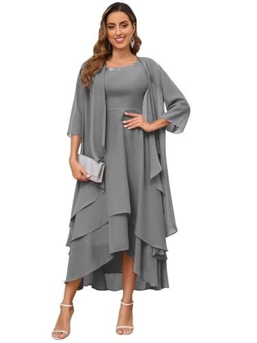 JIIL Brautmutterkleider Große Größen,Damen Brautmutterkleider Lang Mit Jacke 2 Teilig Große Größen Chiffon Abendkleider Formelles Abendanzug Set Grau 52 von JIIL