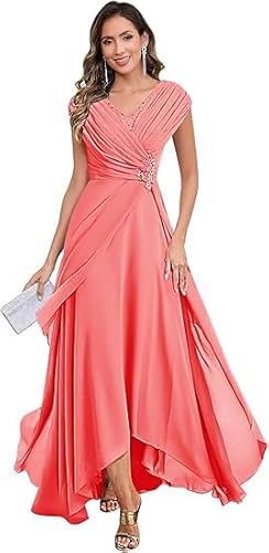 JIIL Brautmutterkleider Große Größen,Damen Chiffon Brautmutterkleider Lang V-Ausschnitt Ärmelloses Glitzer Abendkleider A-Linie Festliche Kleider Maulbeere 40 von JIIL