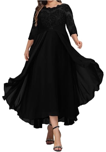 JIIL Brautmutterkleider Große Größen - Damen Spitzen Chiffon Hochzeitsgast Kleid Lang A-Linien Abendkleider Schwarz 52 von JIIL