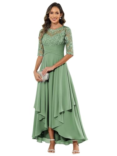 JIIL Brautmutterkleider Knielang,Damen Abendkleid Lang - Elegant Spitzen Brautmutterkleid Chiffon Formales Kleider Halbärmel Festliche Für Hochzeit Salbei Grün 52 von JIIL