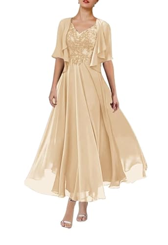 JIIL Brautmutterkleider Knielang,Damen Brautmutterkleider Lang Zweiteilig Hochzeit Mit Jacke Spitzenkleid Festlich Abendkleider A-Linie Mit Rüschen Sekt 42 von JIIL