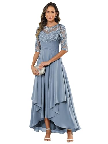 JIIL Brautmutterkleider Knielang Mit Jacke,Damen Abendkleid Lang - Elegant Spitzen Brautmutterkleid Chiffon Formales Kleider Halbärmel Festliche Für Hochzeit Staubig Blau 44 von JIIL