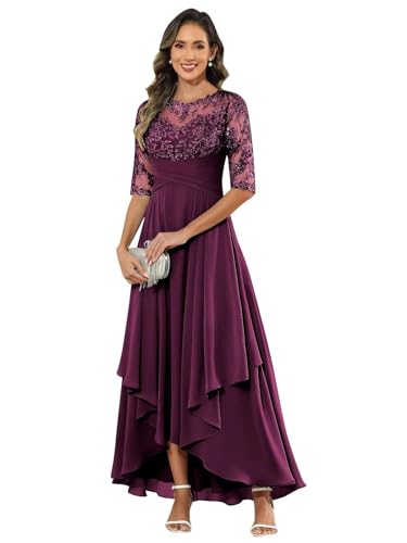 JIIL Brautmutterkleider Lang,Damen Abendkleid Lang - Elegant Spitzen Brautmutterkleid Chiffon Formales Kleider Halbärmel Festliche Für Hochzeit Pflaume 50 von JIIL