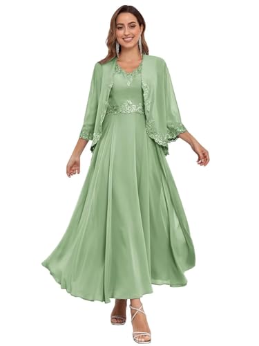 JIIL Brautmutterkleider Lang,Damen Lang Brautmutterkleider Jacke Zweiteilig Hochzeit Elegant Abendkleider Spitzen Chiffon Pailletten Kleid Silber 54 von JIIL