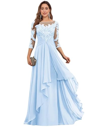 JIIL Brautmutterkleider Langarm - Damen Chiffon Hochzeitskleider für Gäste Lang A-Linien Abendkleider Hellblau 44 von JIIL