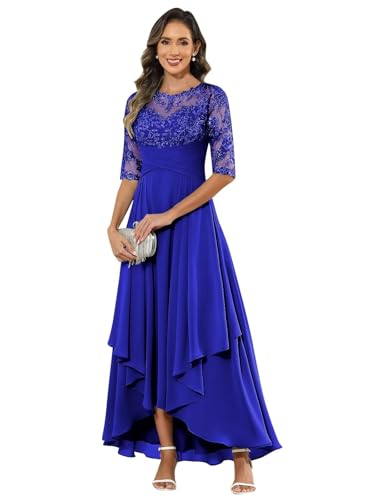 JIIL Brautmutterkleider Mit Jacke,Damen Abendkleid Lang - Elegant Spitzen Brautmutterkleid Chiffon Formales Kleider Halbärmel Festliche Für Hochzeit Königsblau 42 von JIIL