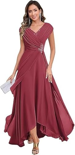 JIIL Brautmutterkleider Mit Jacke,Damen Chiffon Brautmutterkleider Lang V-Ausschnitt Ärmelloses Glitzer Abendkleider A-Linie Festliche Kleider Erröten Rosa 42 von JIIL