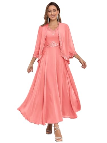 JIIL Brautmutterkleider Mit Jacke,Damen Lang Brautmutterkleider Jacke Zweiteilig Hochzeit Elegant Abendkleider Spitzen Chiffon Pailletten Kleid Koralle 46 von JIIL