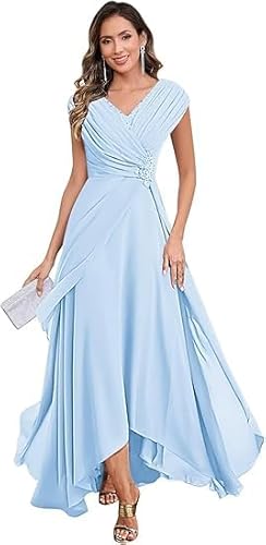 JIIL Brautmutterkleider Zweiteilig Für Hochzeit Elegant Lang,Damen Chiffon Brautmutterkleider Lang V-Ausschnitt Ärmelloses Glitzer Abendkleider A-Linie Festliche Kleider Hellblau 38 von JIIL