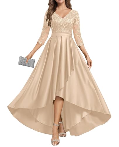 JIIL Brautmutterkleider für Hochzeit Spitze - Elegant Satin Lang Abendkleid mit Ärmel Damen A-Linie Festkleid Champagner 52 von JIIL