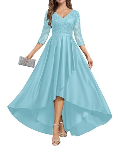 JIIL Brautmutterkleider für Hochzeit Spitze - Elegant Satin Lang Abendkleid mit Ärmel Damen A-Linie Festkleid Himmelblau 38 von JIIL