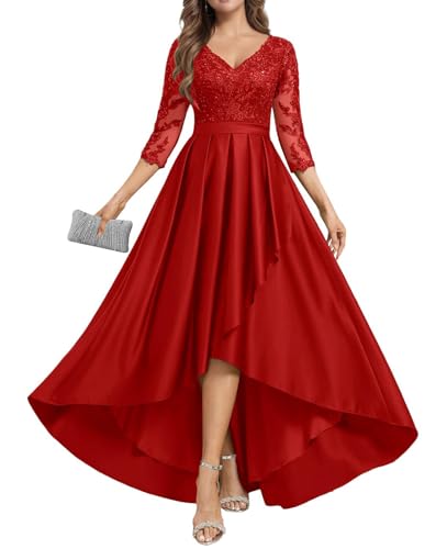 JIIL Brautmutterkleider für Hochzeit Spitze - Elegant Satin Lang Abendkleid mit Ärmel Damen A-Linie Festkleid Rot 32 JIIL Brautmutterkleider für Hochzeit Spitze - Elegant Satin Lang Abendkleid mit Ärmel Damen A-Linie Festkleid Rot 32 von JIIL