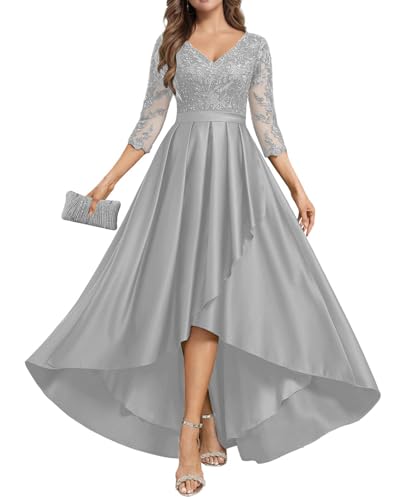 JIIL Brautmutterkleider für Hochzeit Spitze - Elegant Satin Lang Abendkleid mit Ärmel Damen A-Linie Festkleid Silber 42 von JIIL