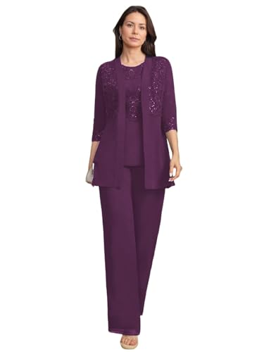 JIIL Brautmutterkleider mit Jacke Spitze Damen Hosenanzüg Hochzeit 3/4 Ärmel Brautmutter Anzug Dreiteiler Set Pflaume 50 von JIIL
