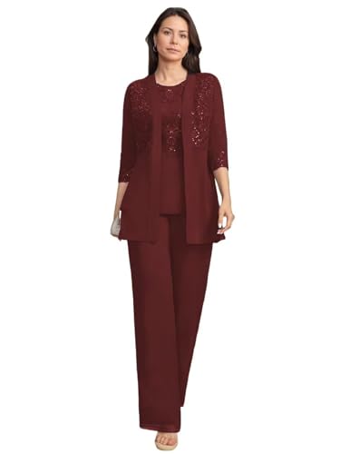 JIIL Brautmutterkleider mit Jacke Spitze Damen Hosenanzüg Hochzeit 3/4 Ärmel Brautmutter Anzug Dreiteiler Set Burgund 46 von JIIL