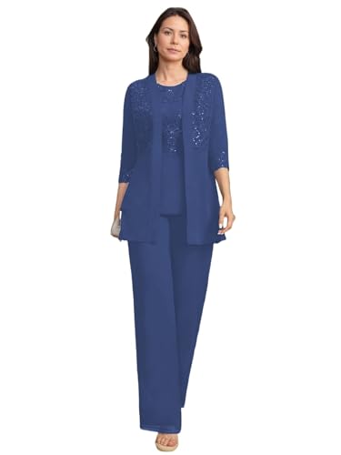 JIIL Brautmutterkleider mit Jacke Spitze Damen Hosenanzüg Hochzeit 3/4 Ärmel Brautmutter Anzug Dreiteiler Set Dunkelblau 52 von JIIL