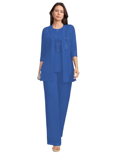 JIIL Brautmutterkleider mit Jacke Spitze Damen Hosenanzüg Hochzeit 3/4 Ärmel Brautmutter Anzug Dreiteiler Set Dunkler Ozean 44 von JIIL