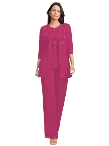JIIL Brautmutterkleider mit Jacke Spitze Damen Hosenanzüg Hochzeit 3/4 Ärmel Brautmutter Anzug Dreiteiler Set Fuchsie 40 JIIL Brautmutterkleider mit Jacke Spitze Damen Hosenanzüg Hochzeit 3/4 Ärmel Brautmutter Anzug Dreiteiler Set Fuchsie 40 von JIIL