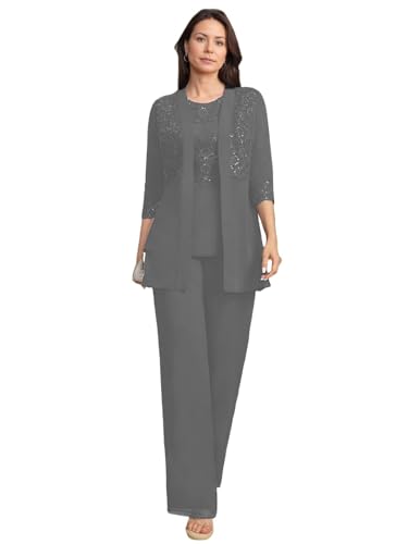 JIIL Brautmutterkleider mit Jacke Spitze Damen Hosenanzüg Hochzeit 3/4 Ärmel Brautmutter Anzug Dreiteiler Set Grau 40 von JIIL