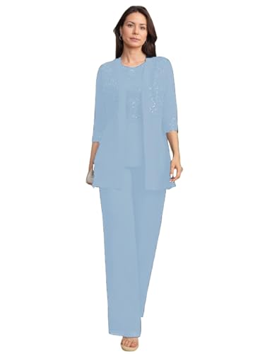 JIIL Brautmutterkleider mit Jacke Spitze Damen Hosenanzüg Hochzeit 3/4 Ärmel Brautmutter Anzug Dreiteiler Set Himmelblau 44 von JIIL