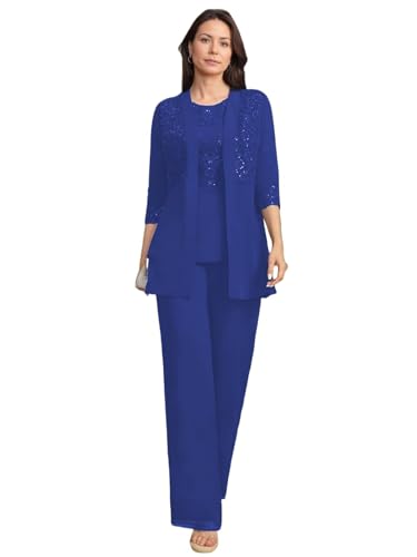 JIIL Brautmutterkleider mit Jacke Spitze Damen Hosenanzüg Hochzeit 3/4 Ärmel Brautmutter Anzug Dreiteiler Set Königsblau 58 von JIIL