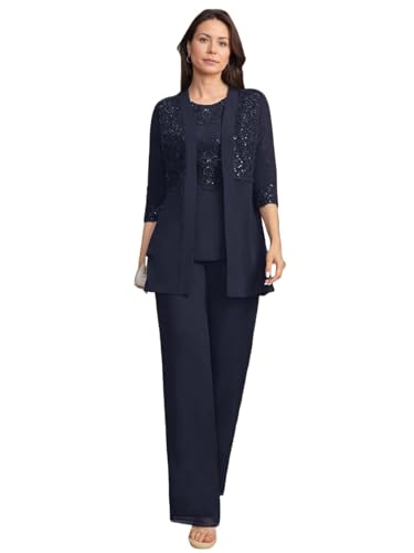 JIIL Brautmutterkleider mit Jacke Spitze Damen Hosenanzüg Hochzeit 3/4 Ärmel Brautmutter Anzug Dreiteiler Set Navy Blau 58 von JIIL