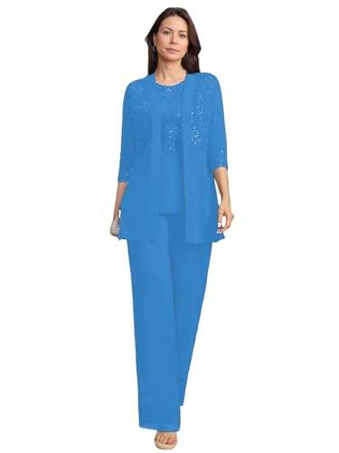 JIIL Brautmutterkleider mit Jacke Spitze Damen Hosenanzüg Hochzeit 3/4 Ärmel Brautmutter Anzug Dreiteiler Set Ozeanblau 38 von JIIL