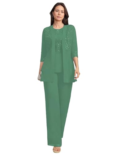 JIIL Brautmutterkleider mit Jacke Spitze Damen Hosenanzüg Hochzeit 3/4 Ärmel Brautmutter Anzug Dreiteiler Set Pastellgrün 50 JIIL Brautmutterkleider mit Jacke Spitze Damen Hosenanzüg Hochzeit 3/4 Ärmel Brautmutter Anzug Dreiteiler Set Pastellgrün 50 von JIIL