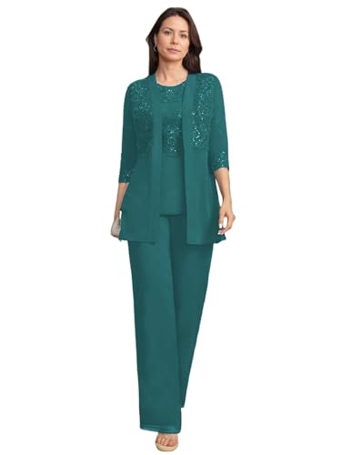 JIIL Brautmutterkleider mit Jacke Spitze Damen Hosenanzüg Hochzeit 3/4 Ärmel Brautmutter Anzug Dreiteiler Set Pfau 48 JIIL Brautmutterkleider mit Jacke Spitze Damen Hosenanzüg Hochzeit 3/4 Ärmel Brautmutter Anzug Dreiteiler Set Pfau 48 von JIIL