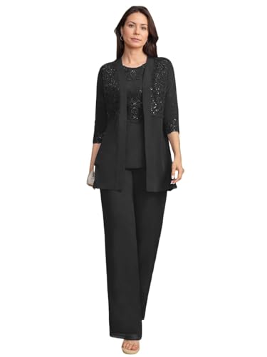 JIIL Brautmutterkleider mit Jacke Spitze Damen Hosenanzüg Hochzeit 3/4 Ärmel Brautmutter Anzug Dreiteiler Set Schwarz 42 von JIIL