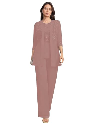 JIIL Brautmutterkleider mit Jacke Spitze Damen Hosenanzüg Hochzeit 3/4 Ärmel Brautmutter Anzug Dreiteiler Set Staubige Rose 36 von JIIL