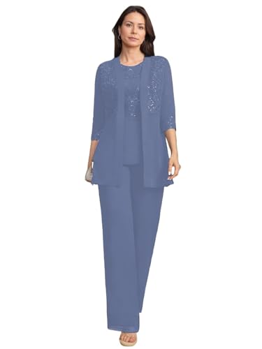 JIIL Brautmutterkleider mit Jacke Spitze Damen Hosenanzüg Hochzeit 3/4 Ärmel Brautmutter Anzug Dreiteiler Set Staubiges Blau 46 von JIIL