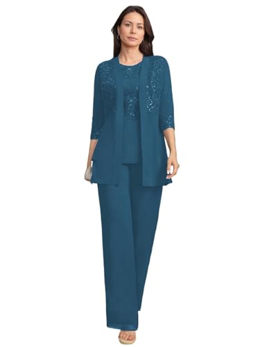 JIIL Brautmutterkleider mit Jacke Spitze Damen Hosenanzüg Hochzeit 3/4 Ärmel Brautmutter Anzug Dreiteiler Set Teal 40 von JIIL