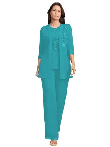 JIIL Brautmutterkleider mit Jacke Spitze Damen Hosenanzüg Hochzeit 3/4 Ärmel Brautmutter Anzug Dreiteiler Set Türkis 40 von JIIL