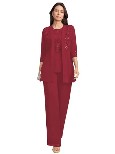 JIIL Brautmutterkleider mit Jacke Spitze Damen Hosenanzüg Hochzeit 3/4 Ärmel Brautmutter Anzug Dreiteiler Set Weinrot 48 von JIIL