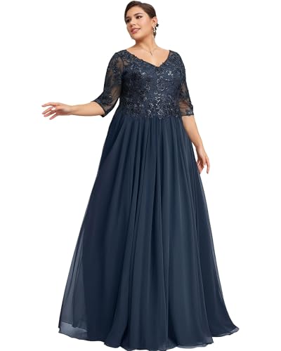 JIIL Chiffon Brautmutterkleider für Hochzeit - Große Größen Damen Spitzen Elegant Lang Abendkleider mit 1/2 Ärmeln Navy Blau 58 von JIIL