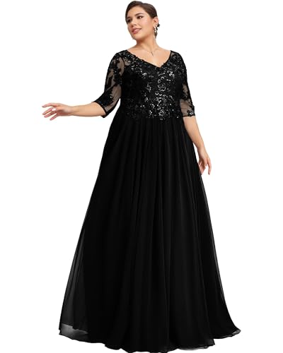 JIIL Chiffon Brautmutterkleider für Hochzeit - Große Größen Damen Spitzen Elegant Lang Abendkleider mit 1/2 Ärmeln Schwarz 58 von JIIL