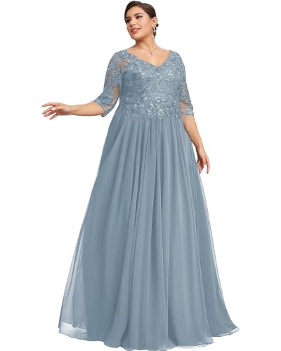 JIIL Chiffon Brautmutterkleider für Hochzeit - Große Größen Damen Spitzen Elegant Lang Abendkleider mit 1/2 Ärmeln Staubiges Blau 54 von JIIL