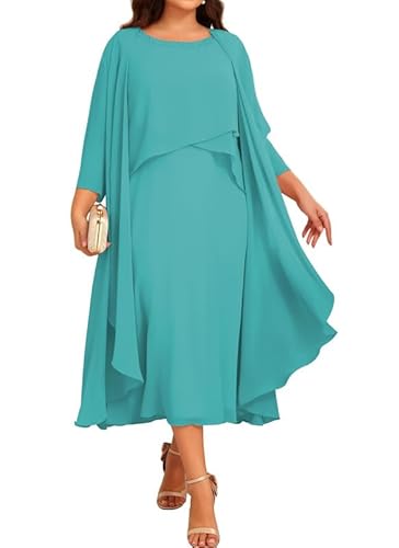 JIIL Chiffon Brautmutterkleider mit Jacke - Damen 2 Stück Formal Abendkleider 3/4 Ärmel Hochzeit Gast Kleid Aqua Blau 54 von JIIL