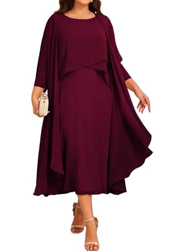 JIIL Chiffon Brautmutterkleider mit Jacke - Damen 2 Stück Formal Abendkleider 3/4 Ärmel Hochzeit Gast Kleid Burgund 44 von JIIL