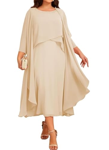 JIIL Chiffon Brautmutterkleider mit Jacke - Damen 2 Stück Formal Abendkleider 3/4 Ärmel Hochzeit Gast Kleid Champagner 48 JIIL Chiffon Brautmutterkleider mit Jacke - Damen 2 Stück Formal Abendkleider 3/4 Ärmel Hochzeit Gast Kleid Champagner 48 von JIIL