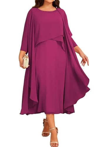 JIIL Chiffon Brautmutterkleider mit Jacke - Damen 2 Stück Formal Abendkleider 3/4 Ärmel Hochzeit Gast Kleid Fuchsie 44 von JIIL